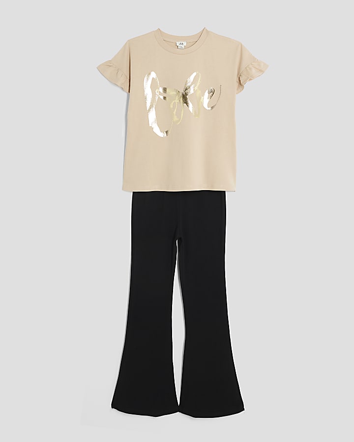 Girls Beige Love Bow T-Shirt Set