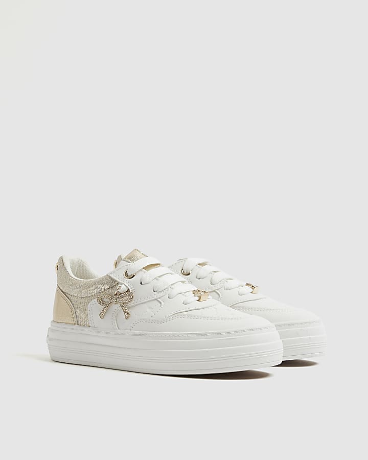 Girls White Bow Charm Trainers