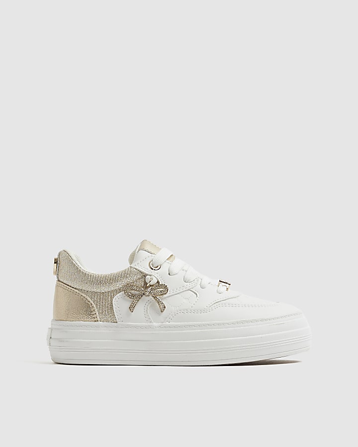 Girls White Bow Charm Trainers