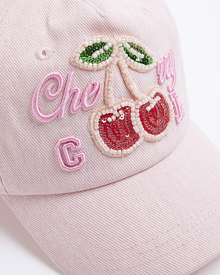 Girls Pink Embellished Cherry Cap