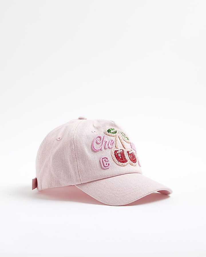 Girls Pink Embellished Cherry Cap