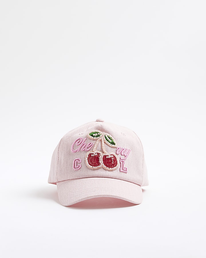Girls Pink Embellished Cherry Cap