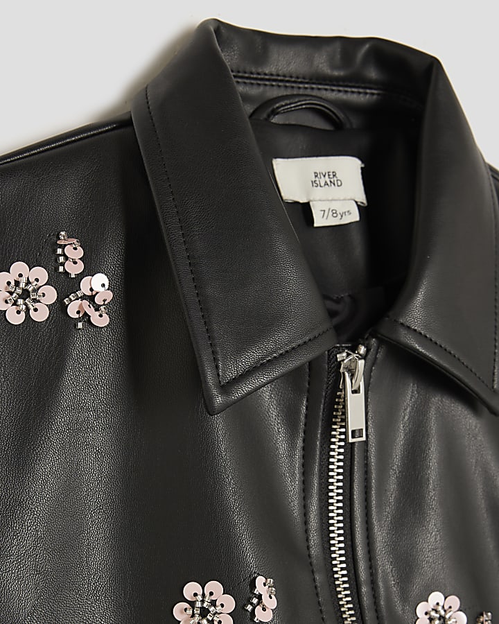 Girls Black Floral Skirt And Jacket Set
