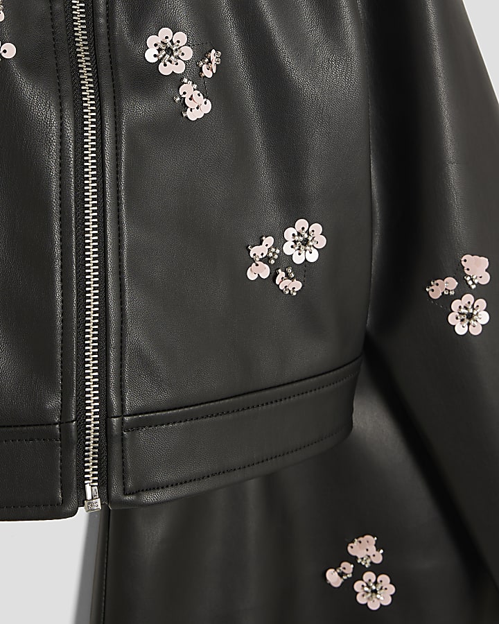 Girls Black Floral Skirt And Jacket Set