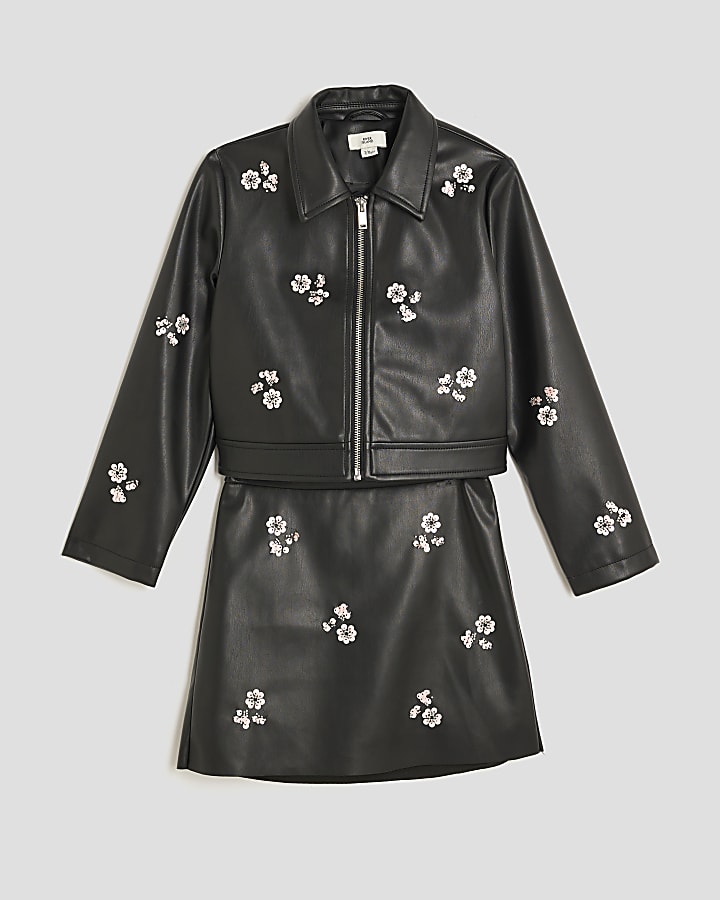 Girls Black Floral Skirt And Jacket Set