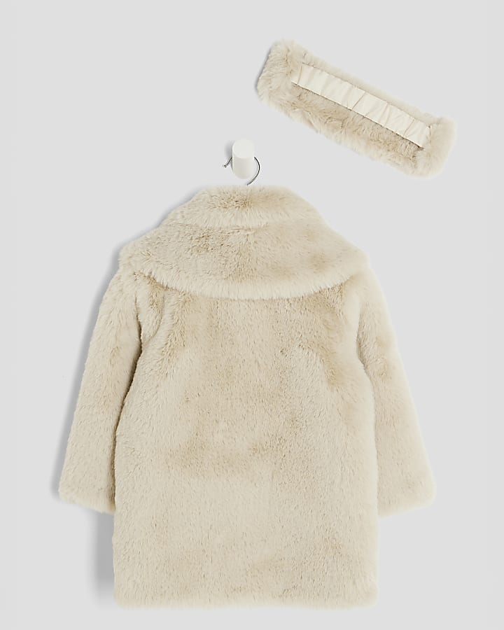Mini Girls Cream Faux Fur Coat With Headband