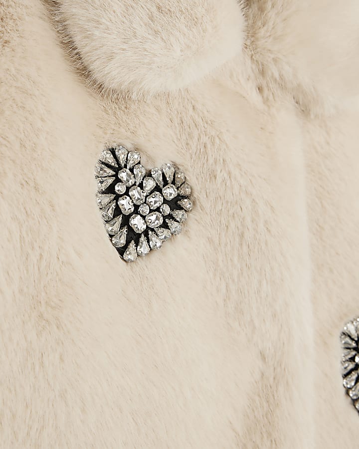 Girls Cream Heart Embellished Faux Fur Jacket