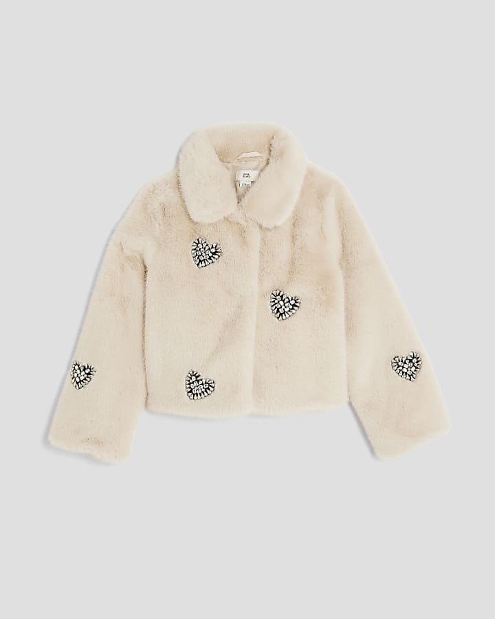 Girls Cream Heart Embellished Faux Fur Jacket