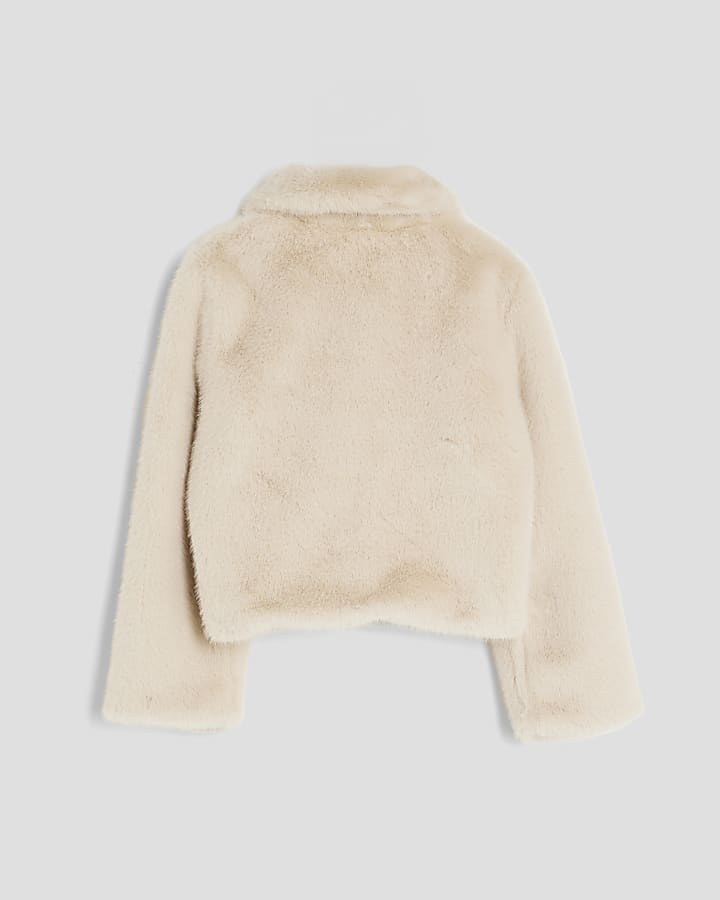 Girls Cream Heart Embellished Faux Fur Jacket