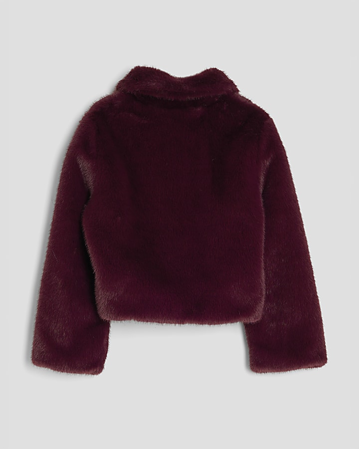 Girls Red Heart Embellished Faux Fur Jacket