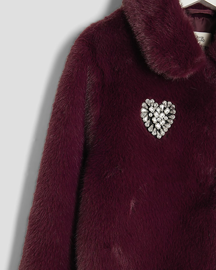 Girls Red Heart Embellished Faux Fur Jacket