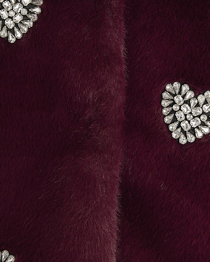 Girls Red Heart Embellished Faux Fur Jacket