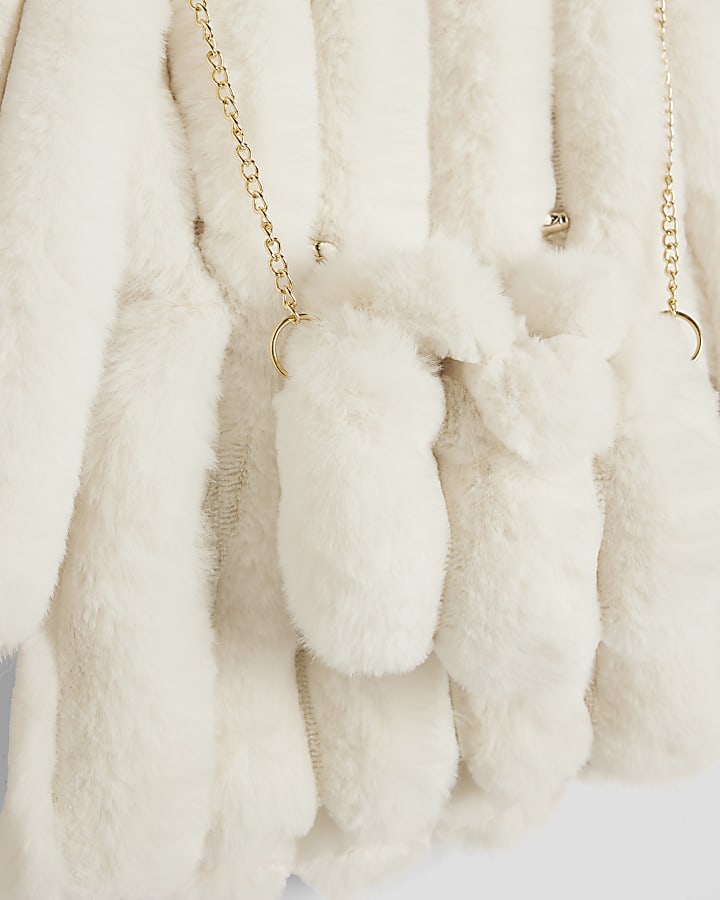 Mini Girls Beige Faux Fur Coat With Bag