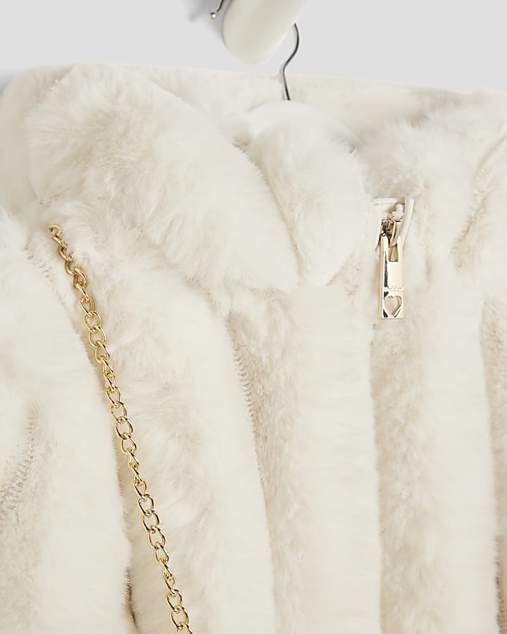 Mini Girls Beige Faux Fur Coat With Bag