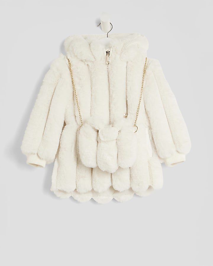 Mini Girls Beige Faux Fur Coat With Bag