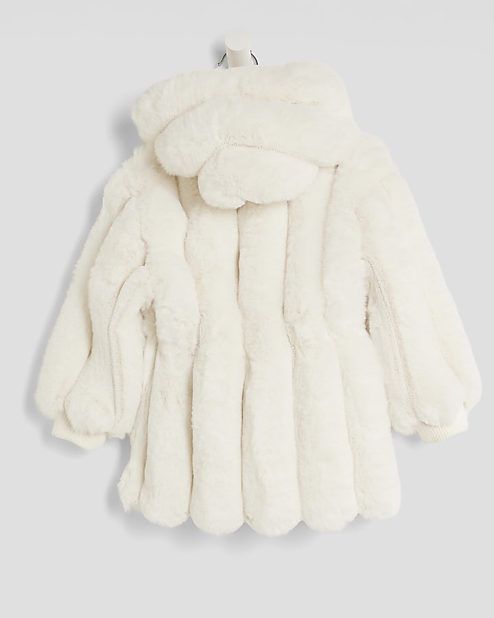 Mini Girls Beige Faux Fur Coat With Bag
