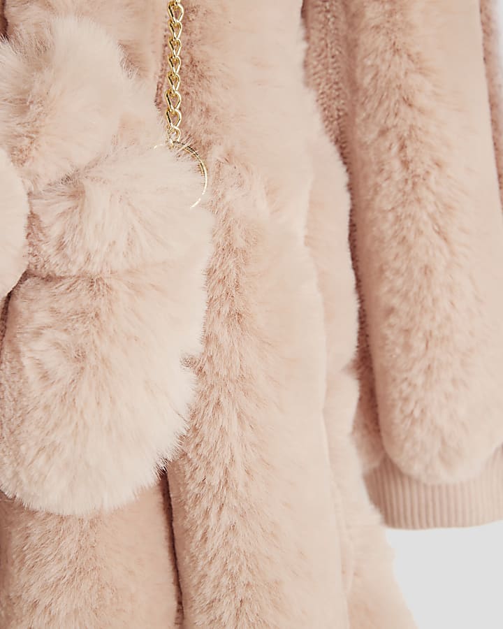  Girls Pink Faux Fur Coat With Bag
