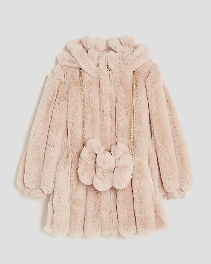  Girls Pink Faux Fur Coat With Bag