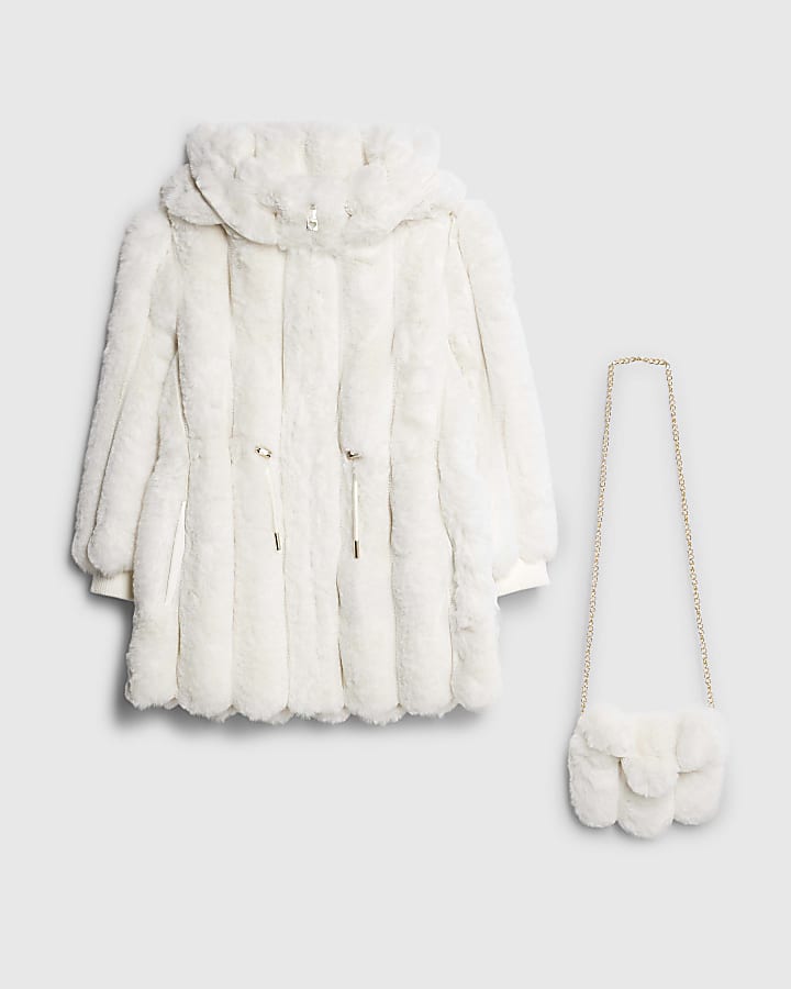 Girls Beige Light Faux Fur Coat & Bag Set