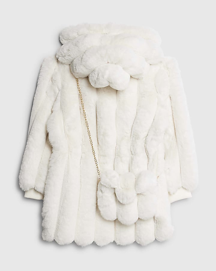 Girls Beige Light Faux Fur Coat & Bag Set