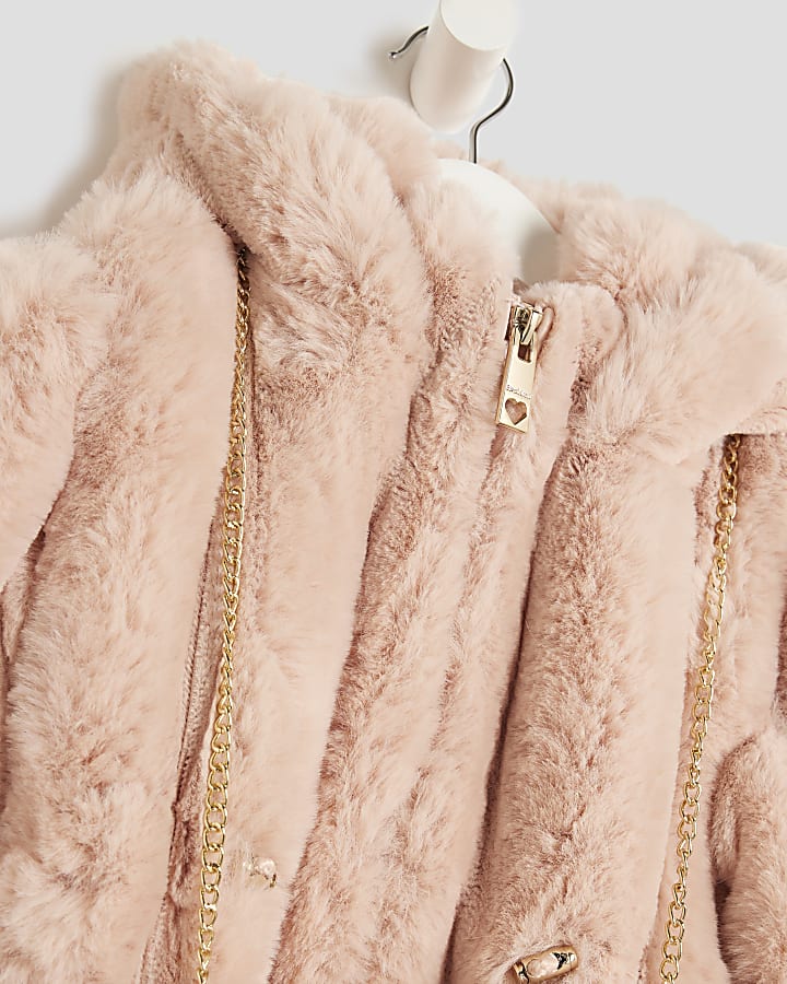 Mini Girls Pink Faux Fur Coat With Bag