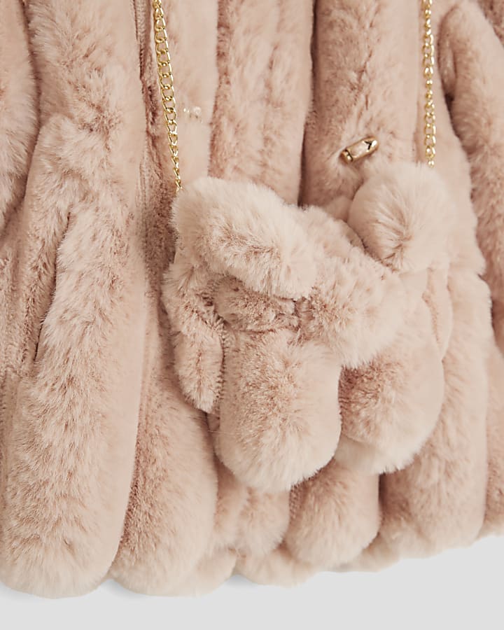 Mini Girls Pink Faux Fur Coat With Bag