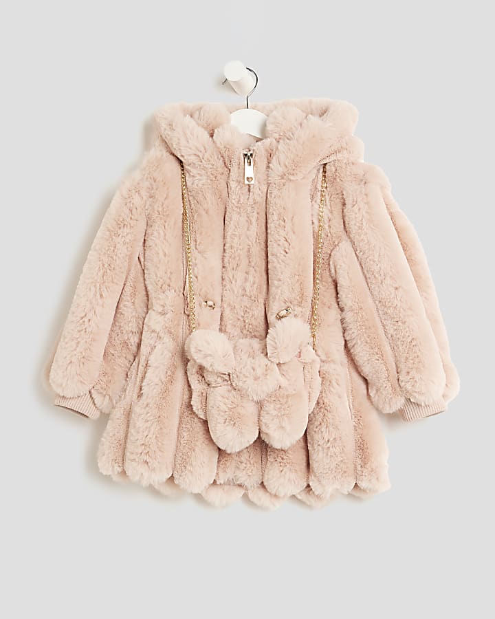 Mini Girls Pink Faux Fur Coat With Bag