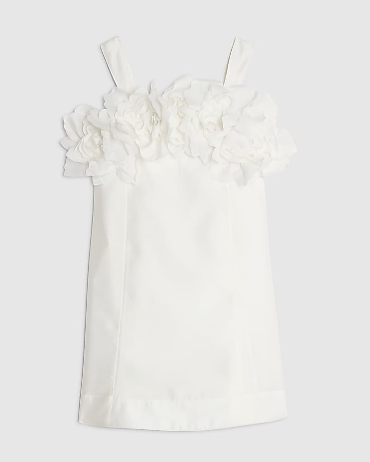 Girls White 3D Flower Mini Shift Dress