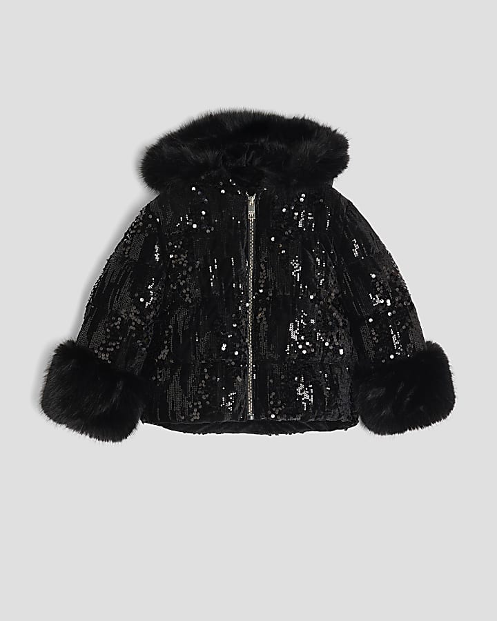 Girls Black Sequin Puffer Coat