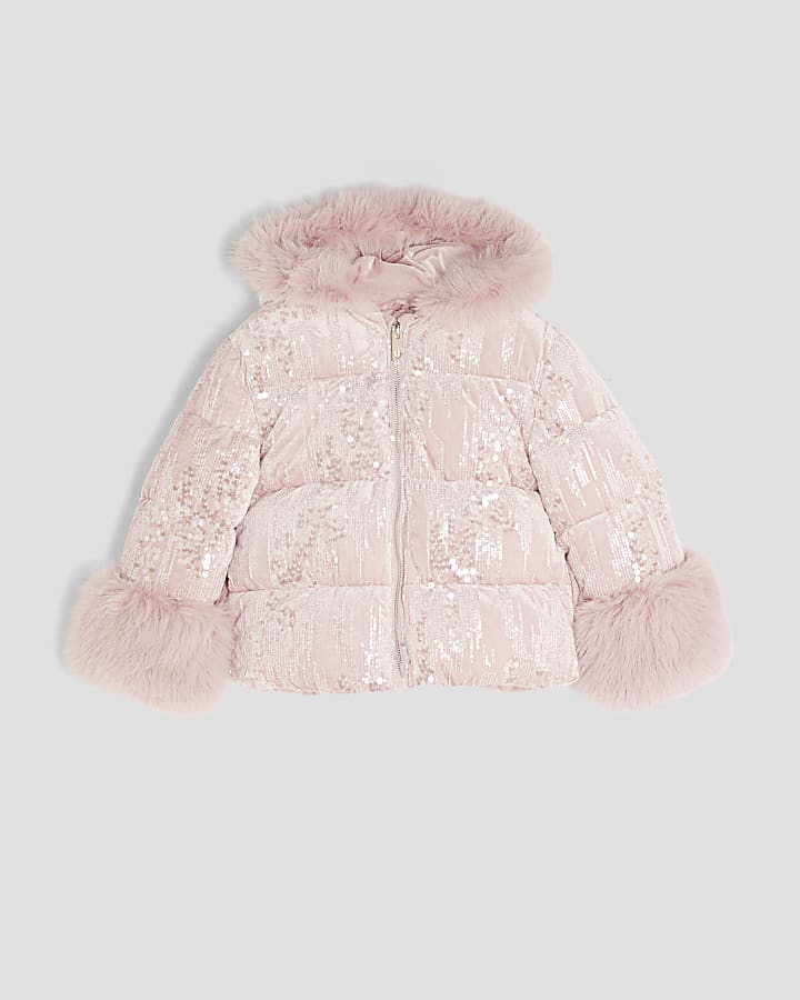 Girls Pink Sequin Puffer Coat