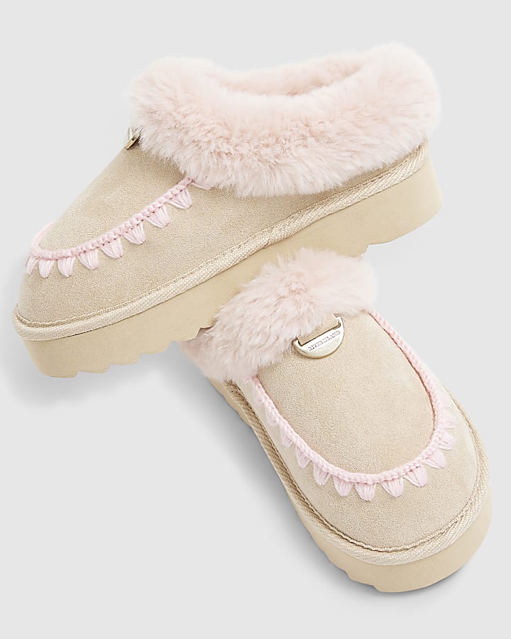 Girls Beige Pink Faux Fur Slippers