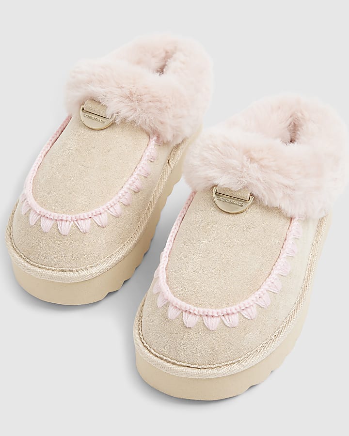 Girls Beige Pink Faux Fur Slippers