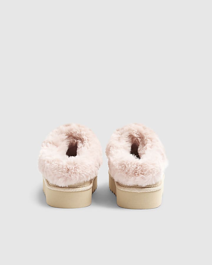 Girls Beige Pink Faux Fur Slippers