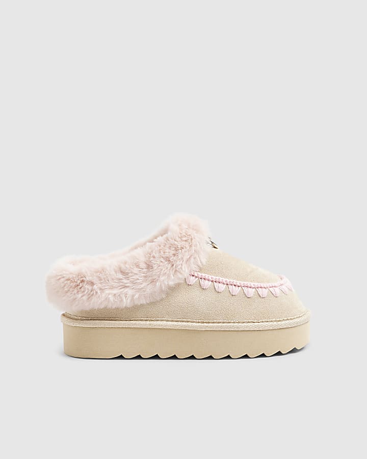 Girls Beige Pink Faux Fur Slippers