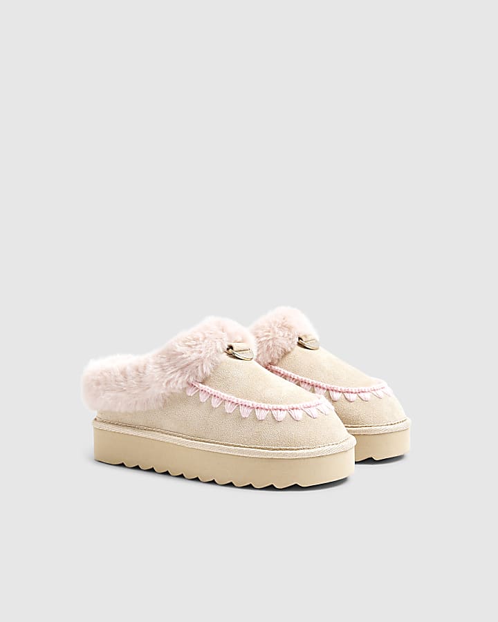 Girls Beige Pink Faux Fur Slippers