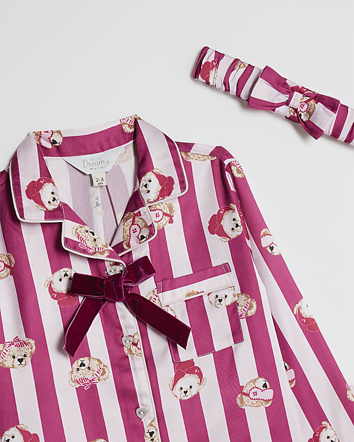 Mini Girls Pink Teddy Stripe Pyjamas Set
