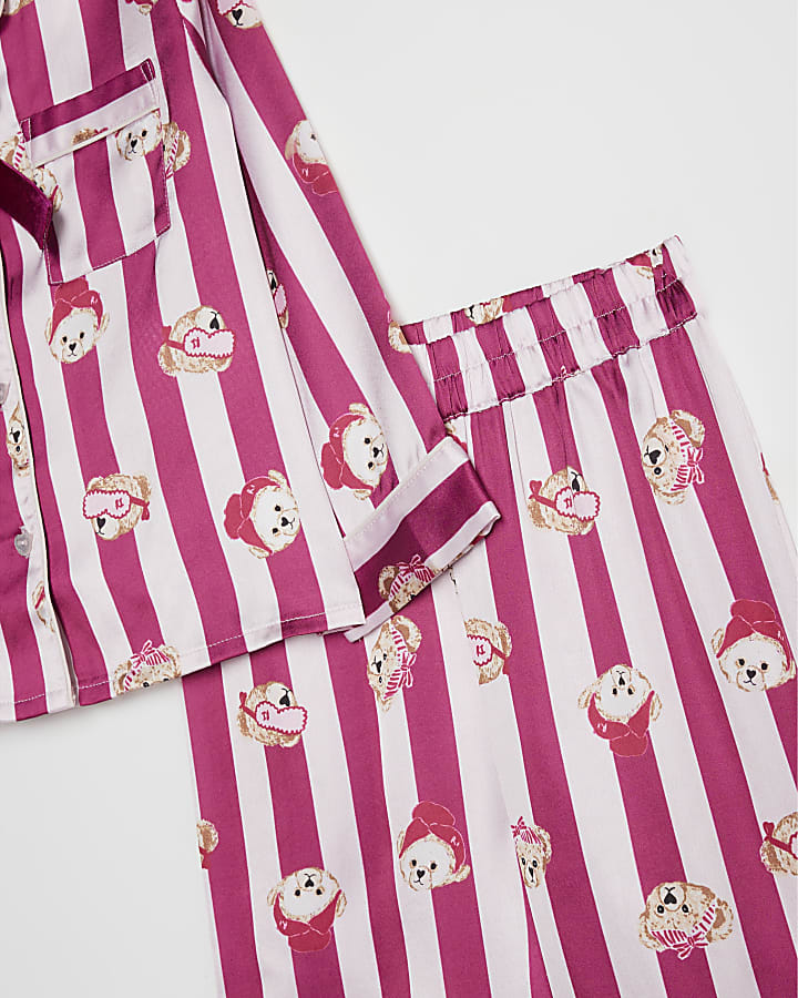 Mini Girls Pink Teddy Stripe Pyjamas Set