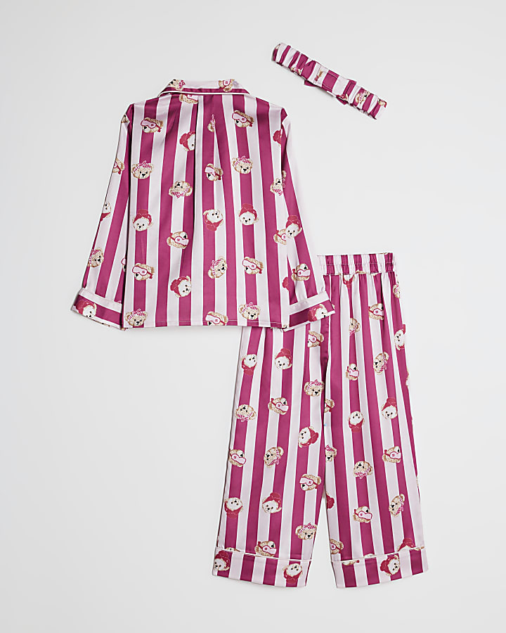 Mini Girls Pink Teddy Stripe Pyjamas Set