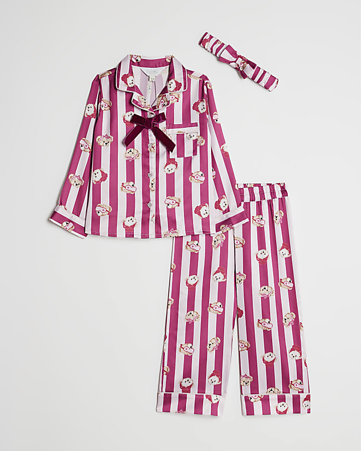 Mini Girls Pink Teddy Stripe Pyjamas Set