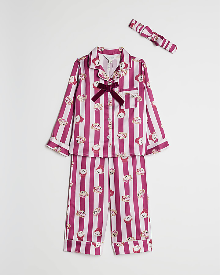 Mini Girls Pink Teddy Stripe Pyjamas Set