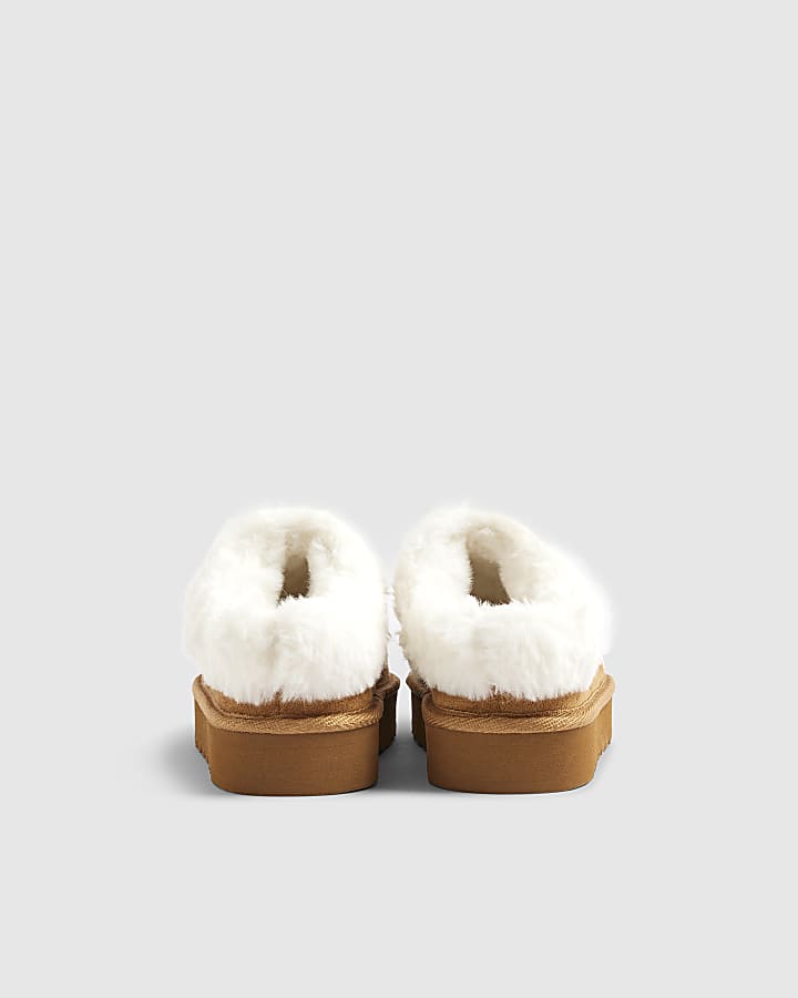 Girls Beige Faux Fur Stitch Slippers