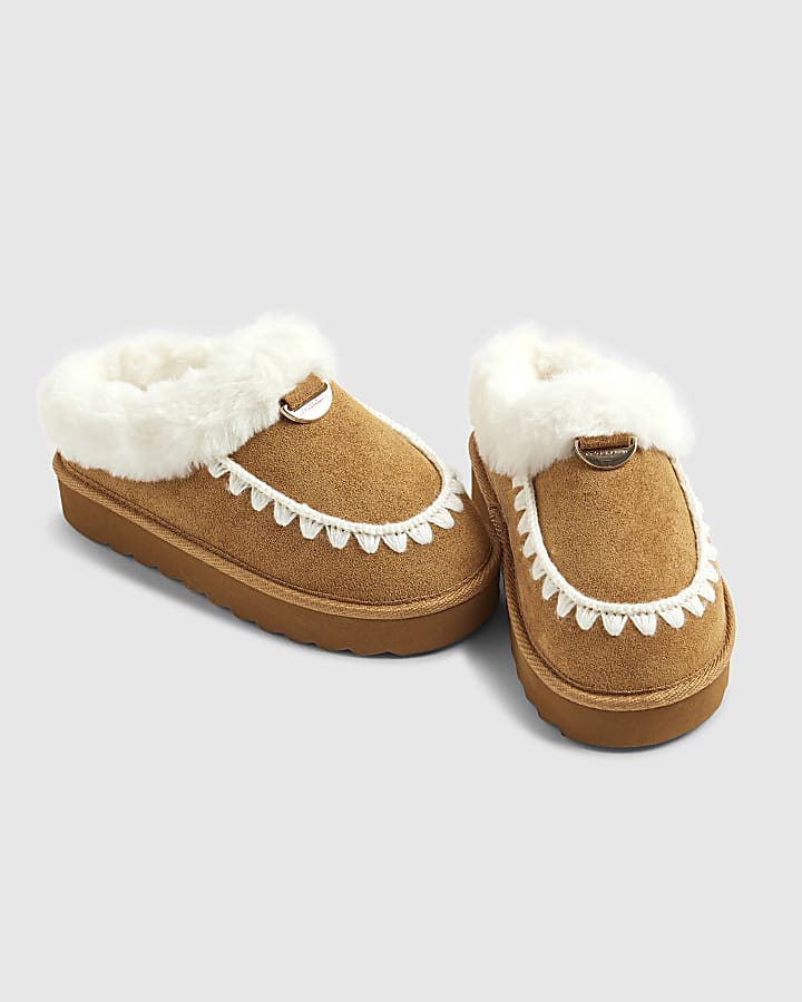 Girls Beige Faux Fur Stitch Slippers