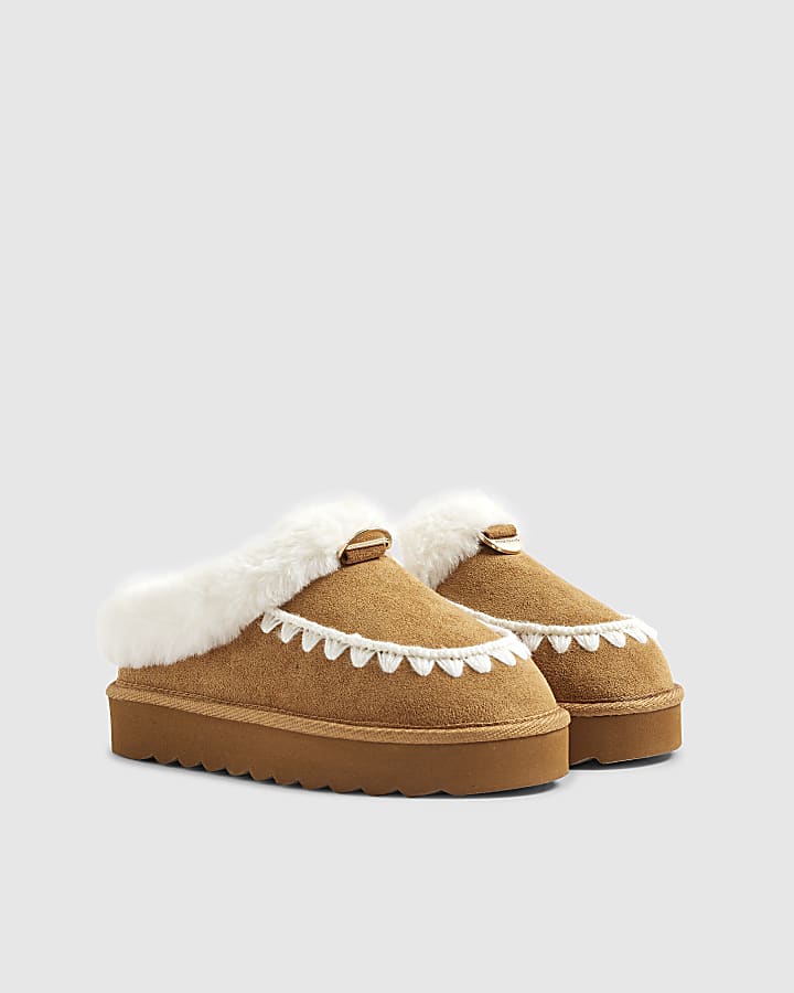 Girls Beige Faux Fur Stitch Slippers