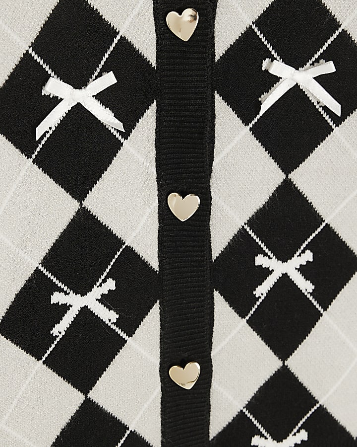 Girls Black Argyle Print Bow Cardigan Set