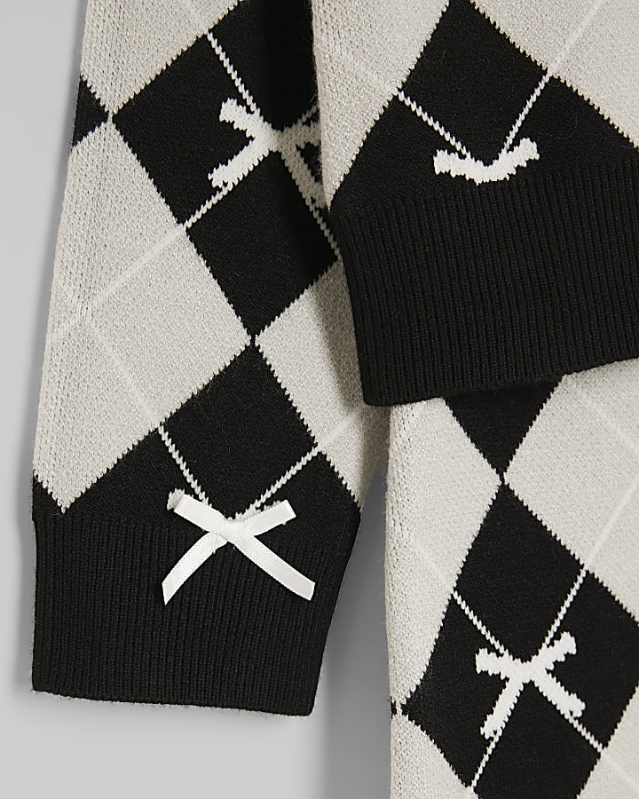 Girls Black Argyle Print Bow Cardigan Set