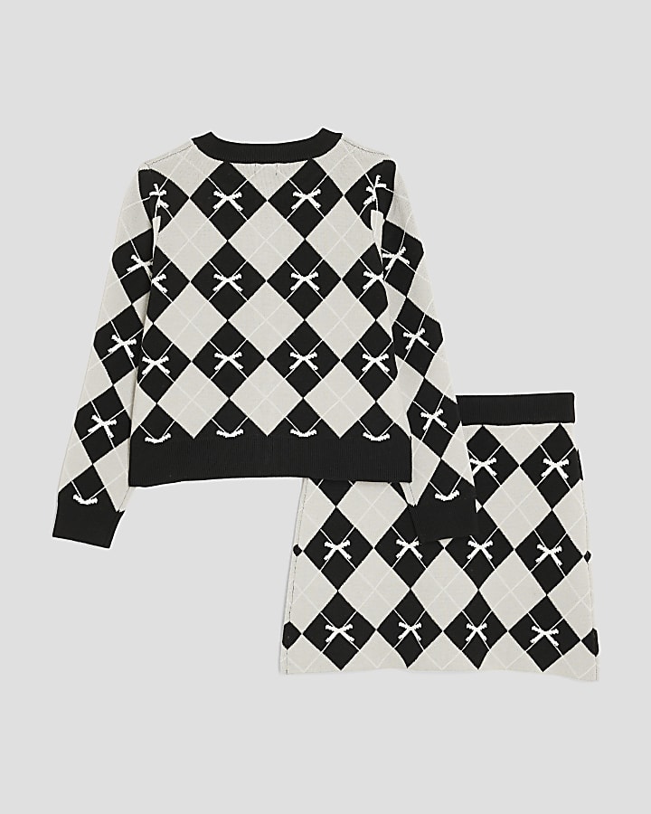 Girls Black Argyle Print Bow Cardigan Set