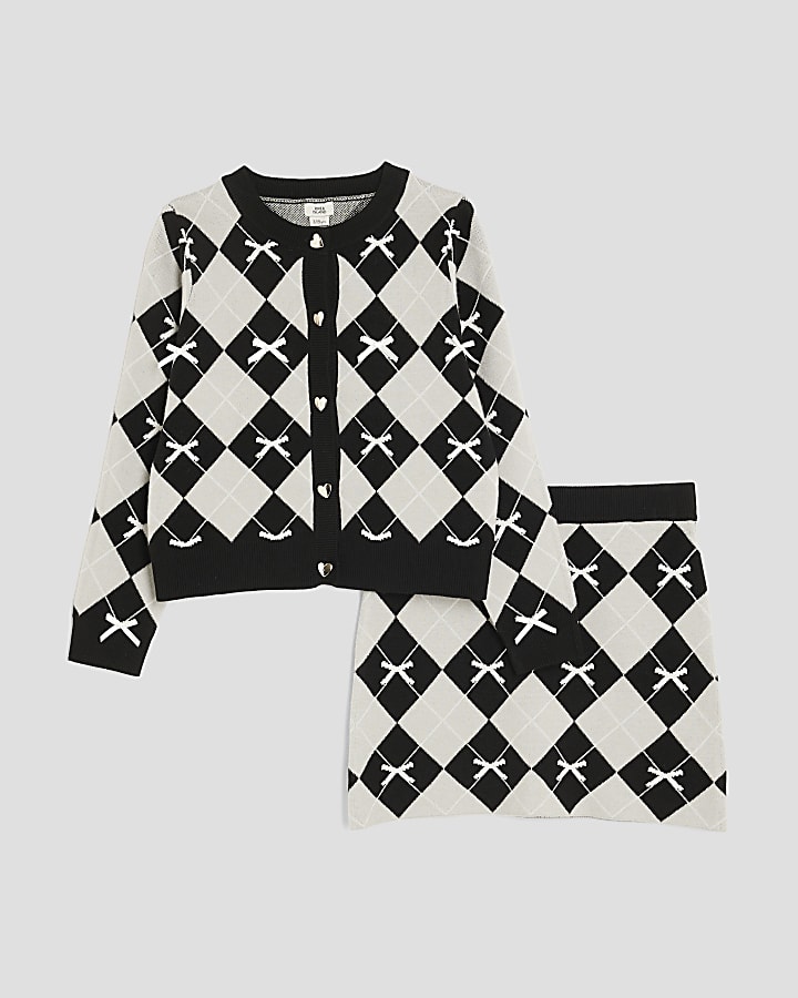 Girls Black Argyle Print Bow Cardigan Set
