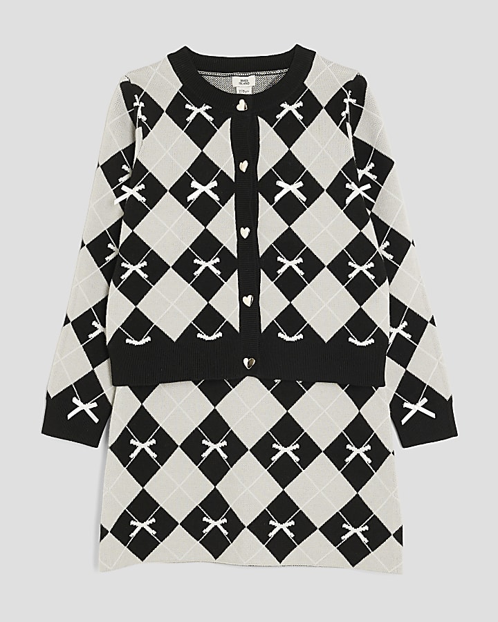 Girls Black Argyle Print Bow Cardigan Set