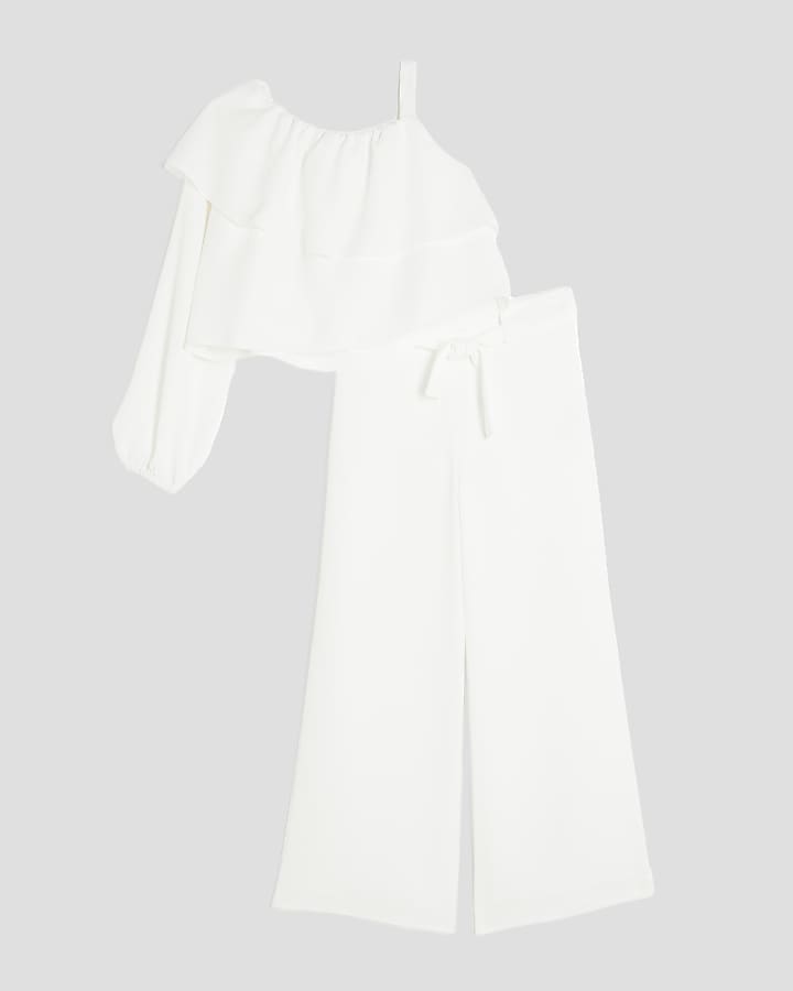 Girls White Ruffle Top And Trousers Set