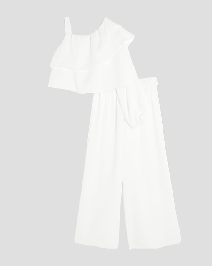 Girls White Ruffle Top And Trousers Set